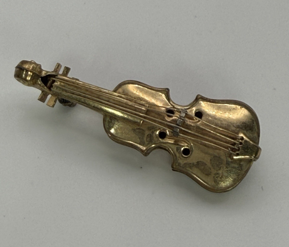 Vintage Cello Violin Brooch Gold Tone Pin String Musical Instrument Figural